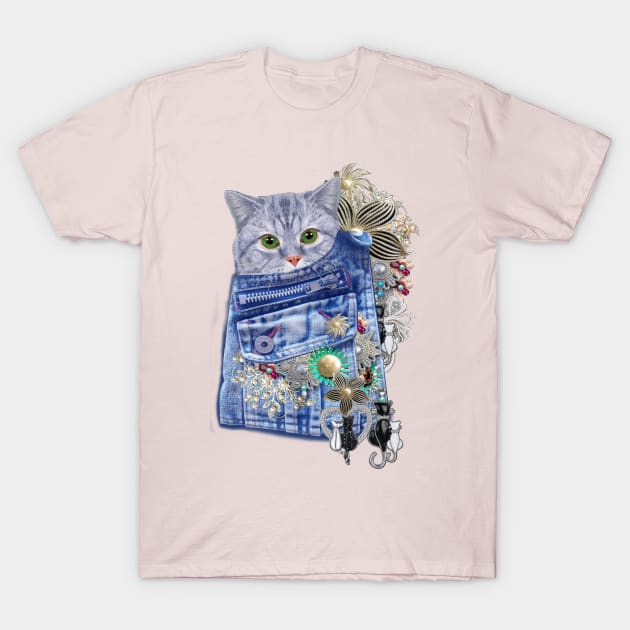 Blue Denim, lace - Costume Jewelry & Cute kitten T-Shirt by Just Kidding by Nadine May